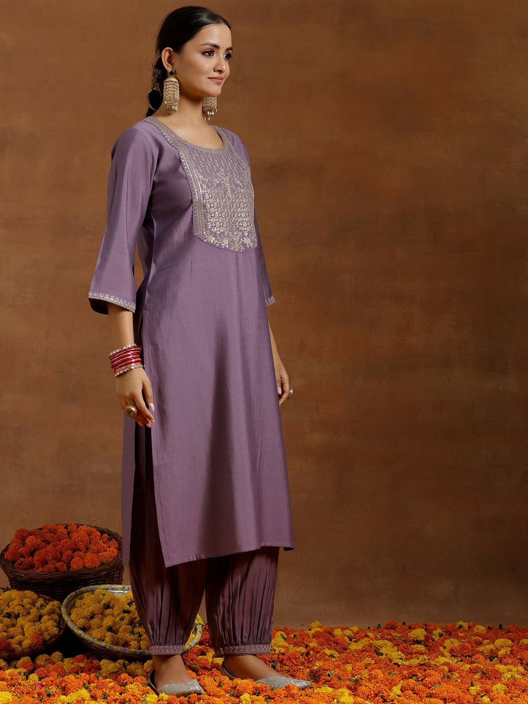 Purple Yoke Design Silk Blend Straight Suit With Dupatta - Libas