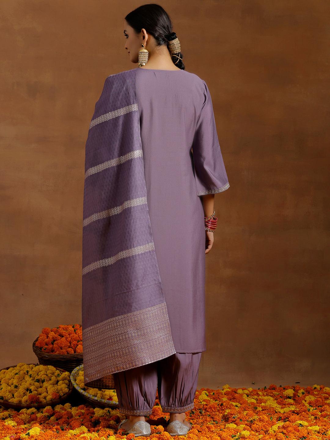 Purple Yoke Design Silk Blend Straight Suit With Dupatta - Libas