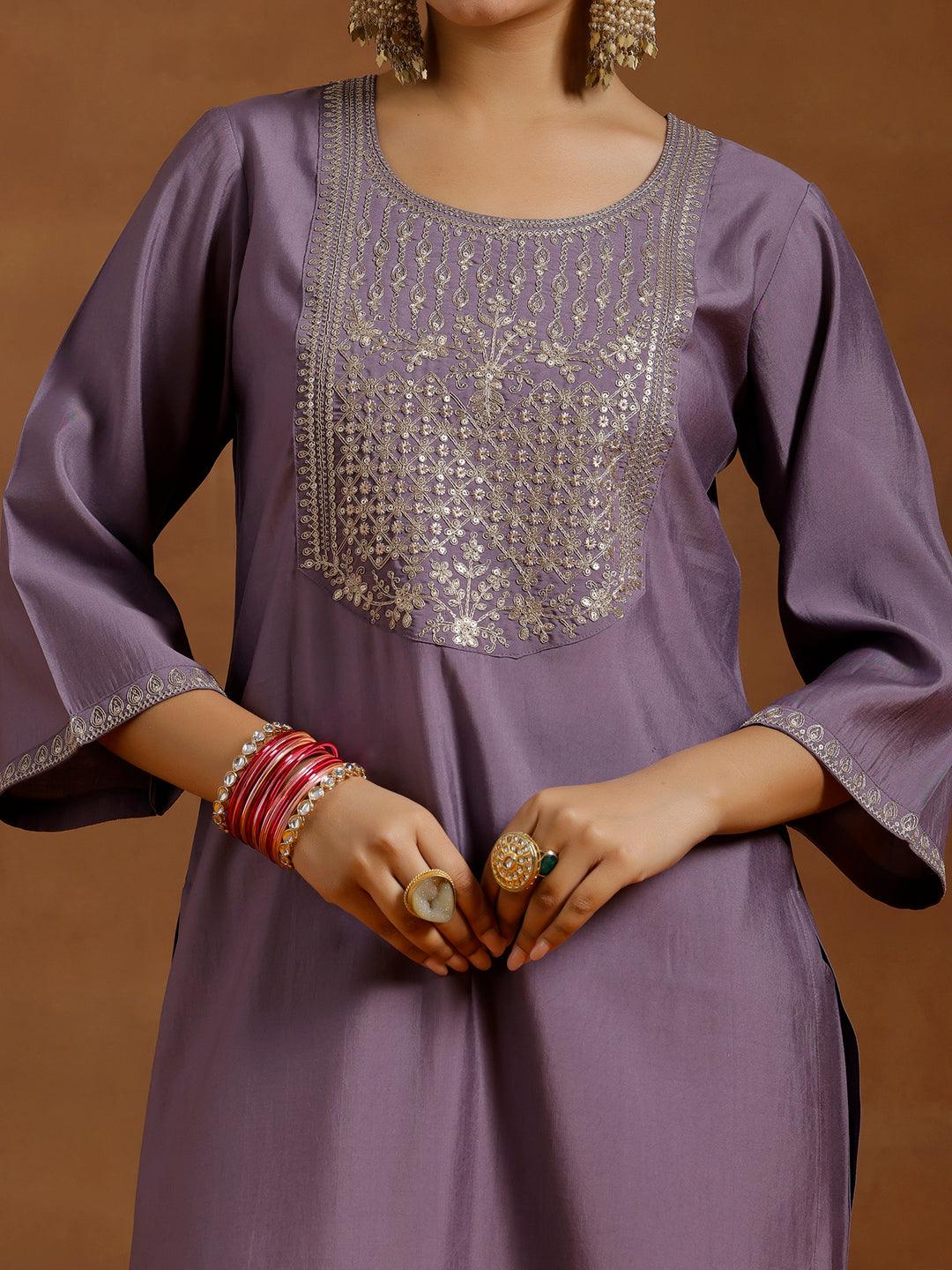 Buy Purple Yoke Design Silk Blend Straight Suit With Dupatta Online at ...