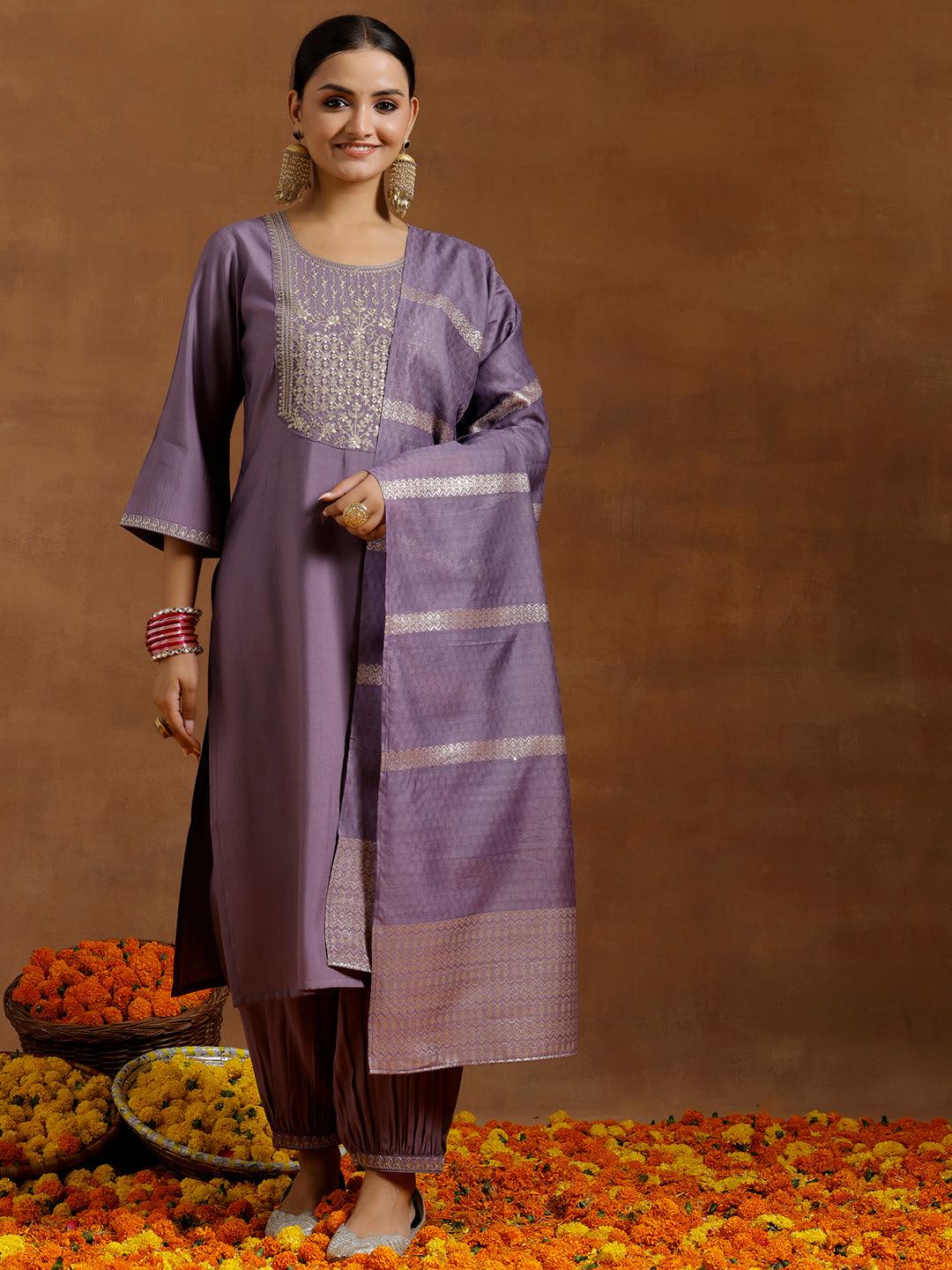 Purple Yoke Design Silk Blend Straight Suit With Dupatta - Libas