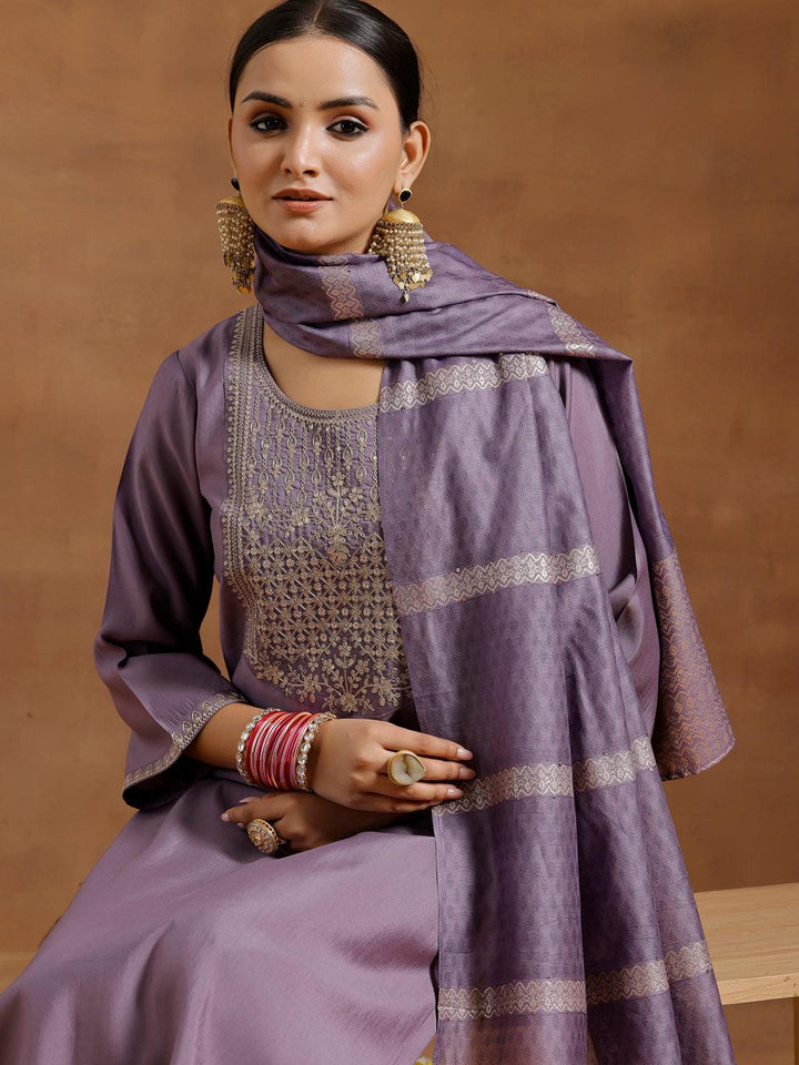 Purple Yoke Design Silk Blend Straight Suit With Dupatta - Libas