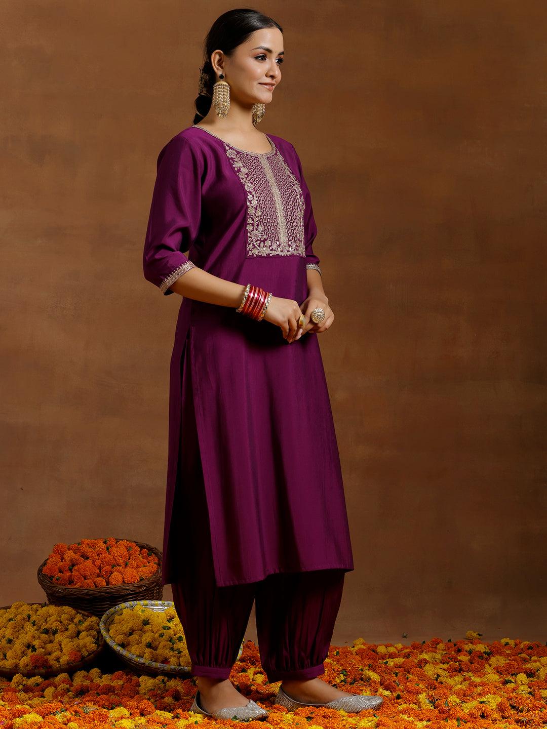 Purple Yoke Design Silk Blend Straight Suit With Dupatta - Libas