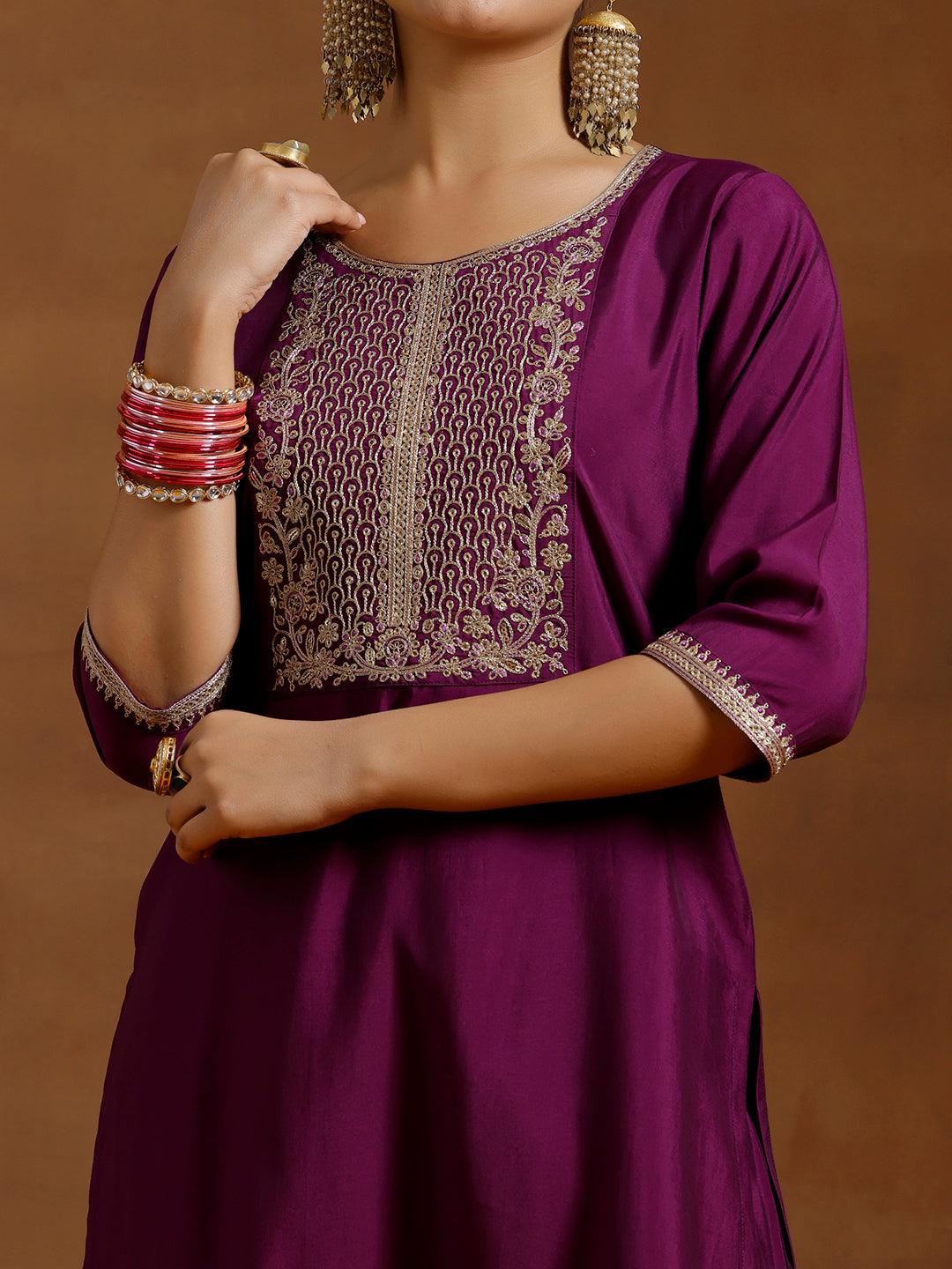 Purple Yoke Design Silk Blend Straight Suit With Dupatta - Libas