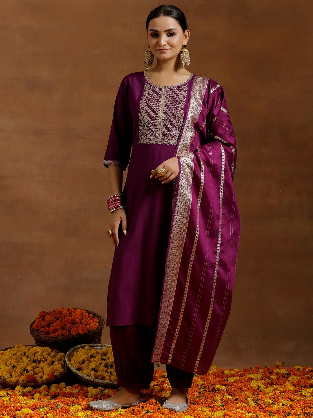 Purple Yoke Design Silk Blend Straight Suit With Dupatta - Libas 