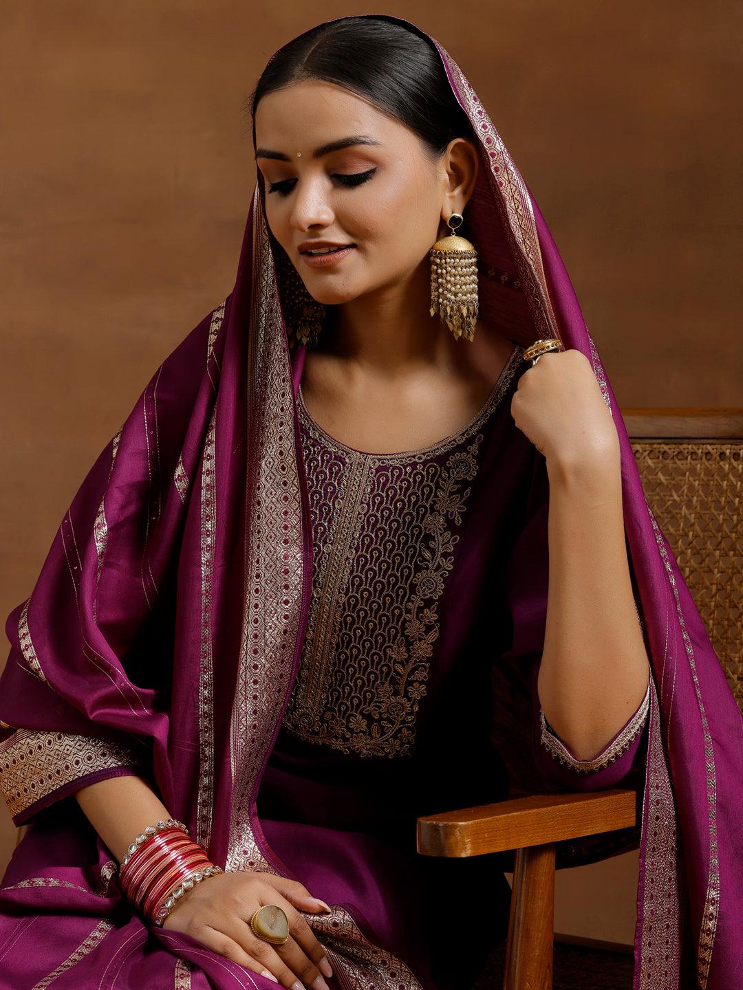 Purple Yoke Design Silk Blend Straight Suit With Dupatta - Libas