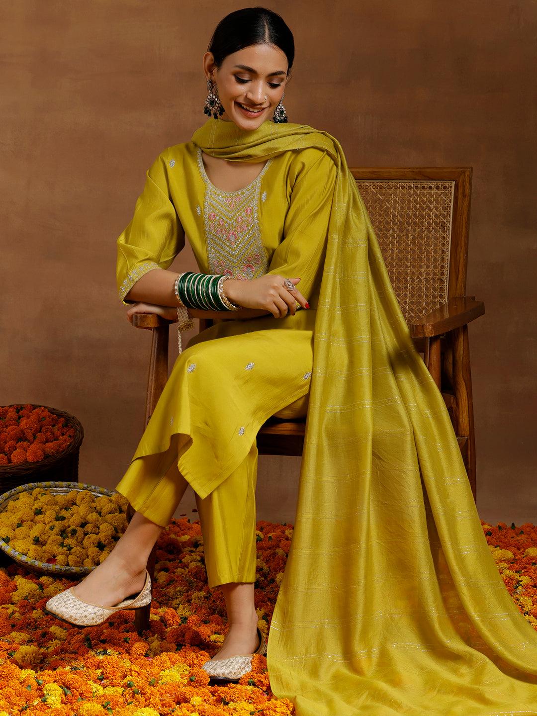 Yellow Embroidered Silk Blend Straight Suit With Dupatta - Libas 