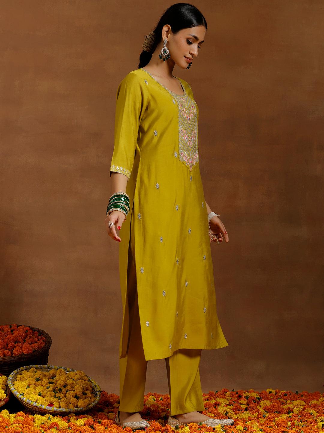 Yellow Embroidered Silk Blend Straight Suit With Dupatta - Libas 