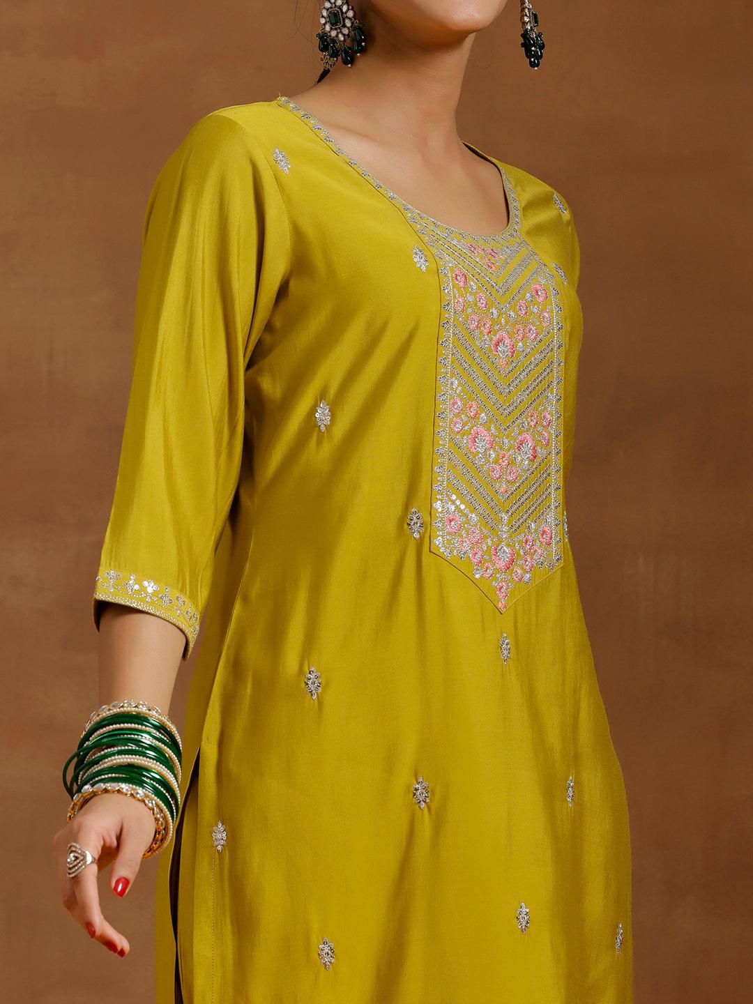 Yellow Embroidered Silk Blend Straight Suit With Dupatta - Libas