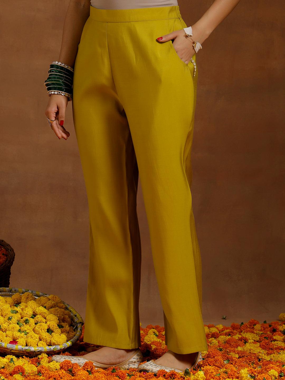 Yellow Embroidered Silk Blend Straight Suit With Dupatta - Libas 