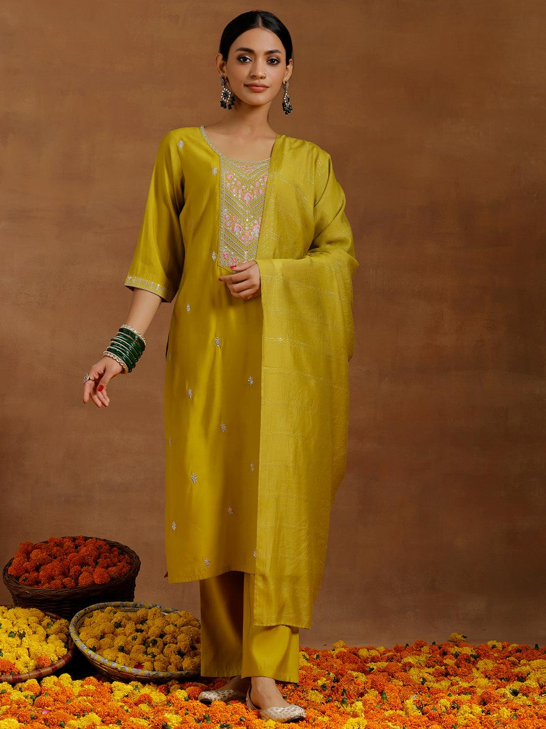 Yellow Embroidered Silk Blend Straight Suit With Dupatta - Libas 