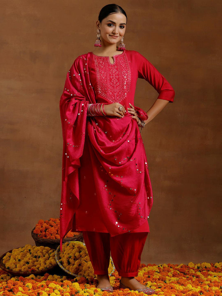 Pink Embroidered Silk Blend Straight Suit With Dupatta - Libas