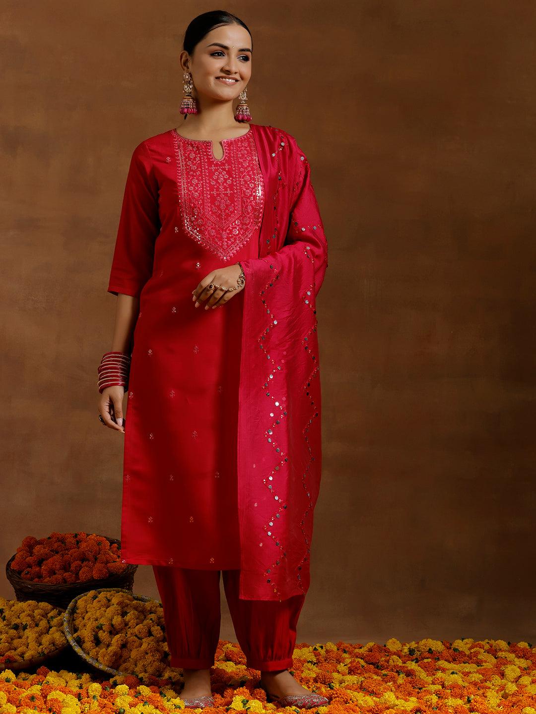 Pink Embroidered Silk Blend Straight Suit With Dupatta - Libas 