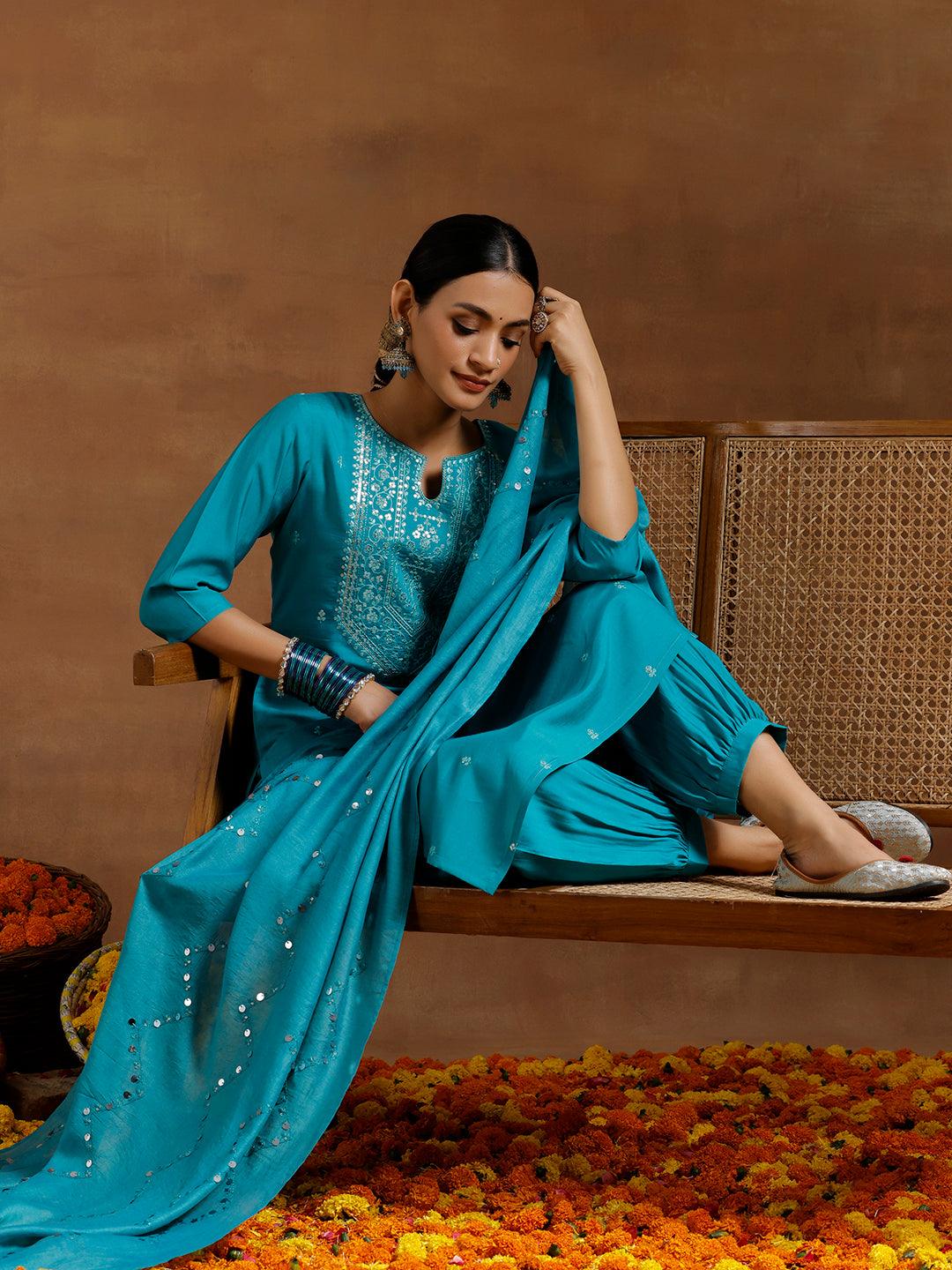 Teal Blue Embroidered Silk Blend Straight Suit With Dupatta - Libas