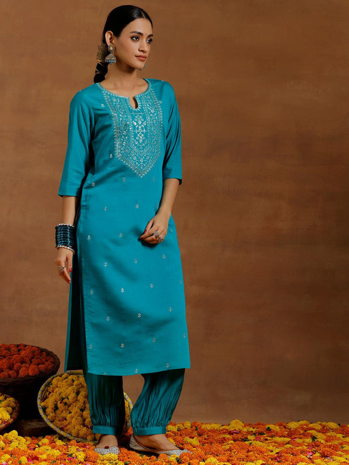 Teal Blue Embroidered Silk Blend Straight Suit With Dupatta - Libas