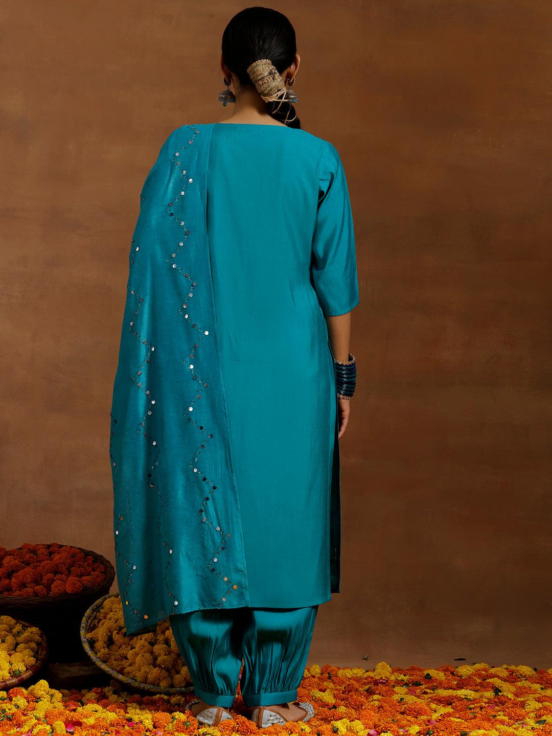 Teal Blue Embroidered Silk Blend Straight Suit With Dupatta - Libas