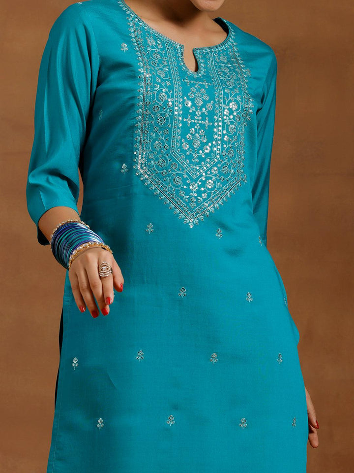 Teal Blue Embroidered Silk Blend Straight Suit With Dupatta - Libas