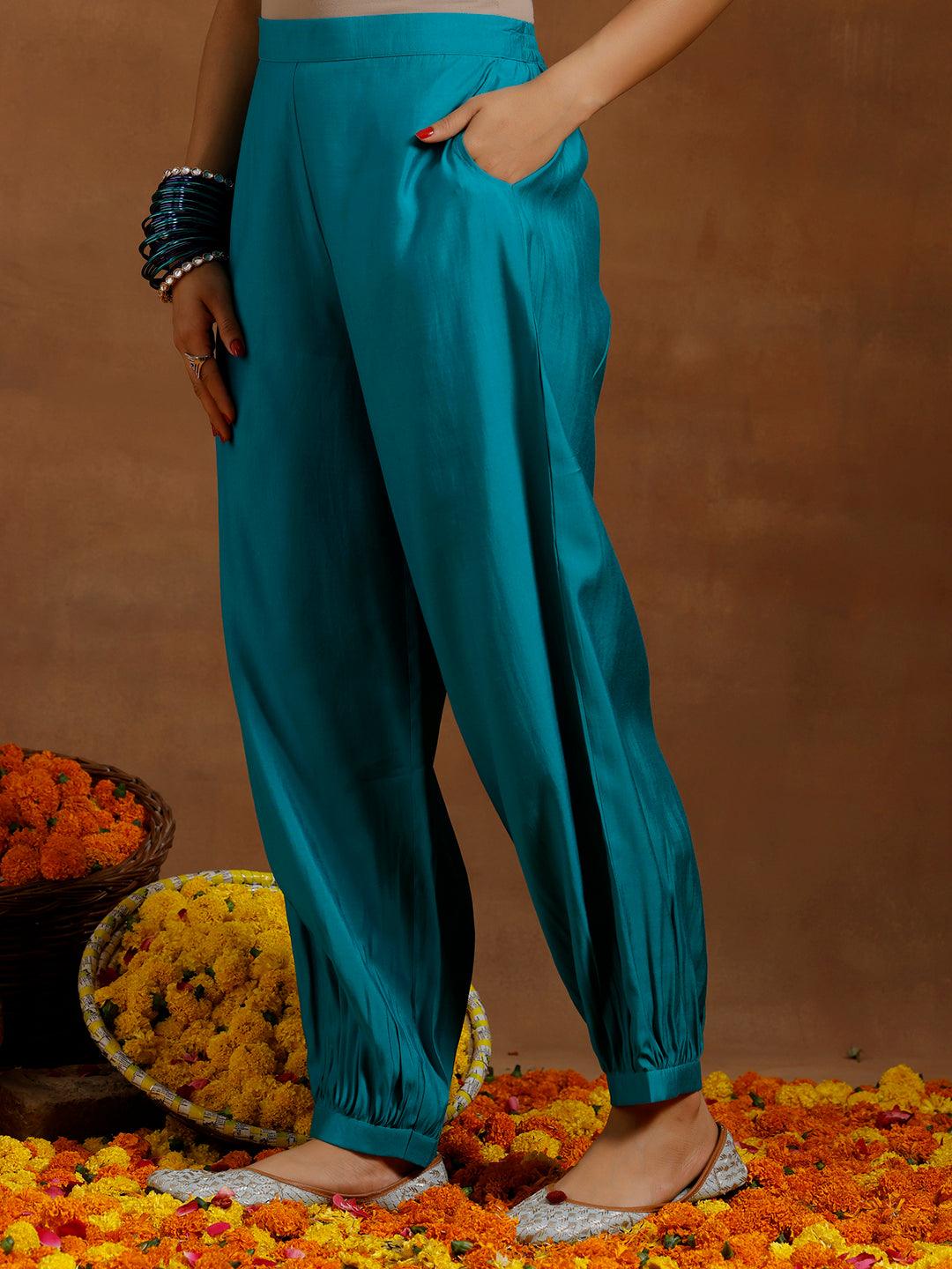 Teal Blue Embroidered Silk Blend Straight Suit With Dupatta - Libas