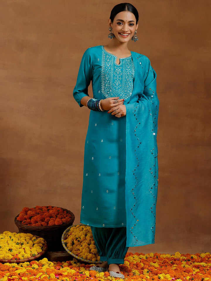 Teal Blue Embroidered Silk Blend Straight Suit With Dupatta - Libas