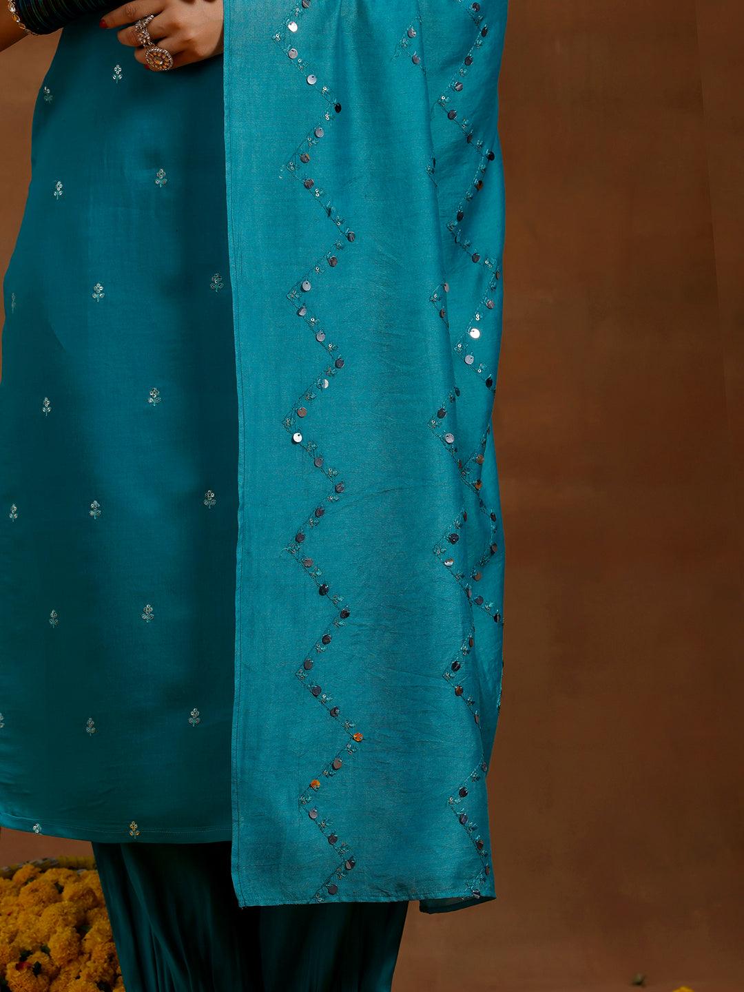 Teal Blue Embroidered Silk Blend Straight Suit With Dupatta - Libas