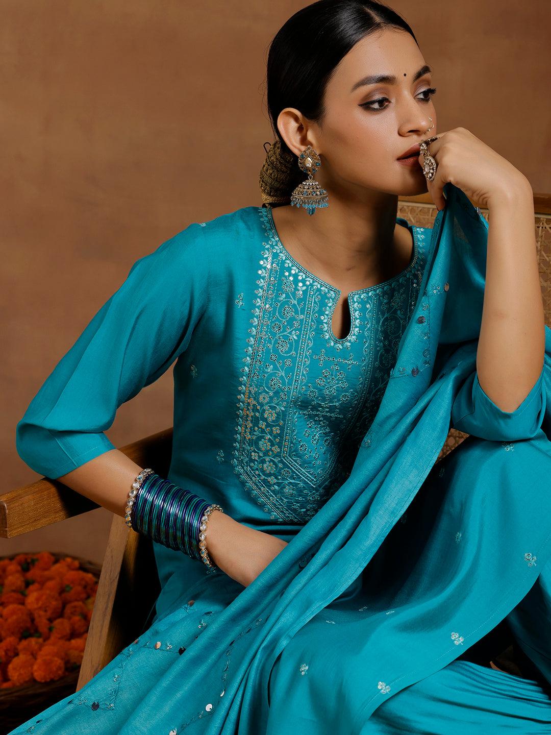 Teal Blue Embroidered Silk Blend Straight Suit With Dupatta - Libas