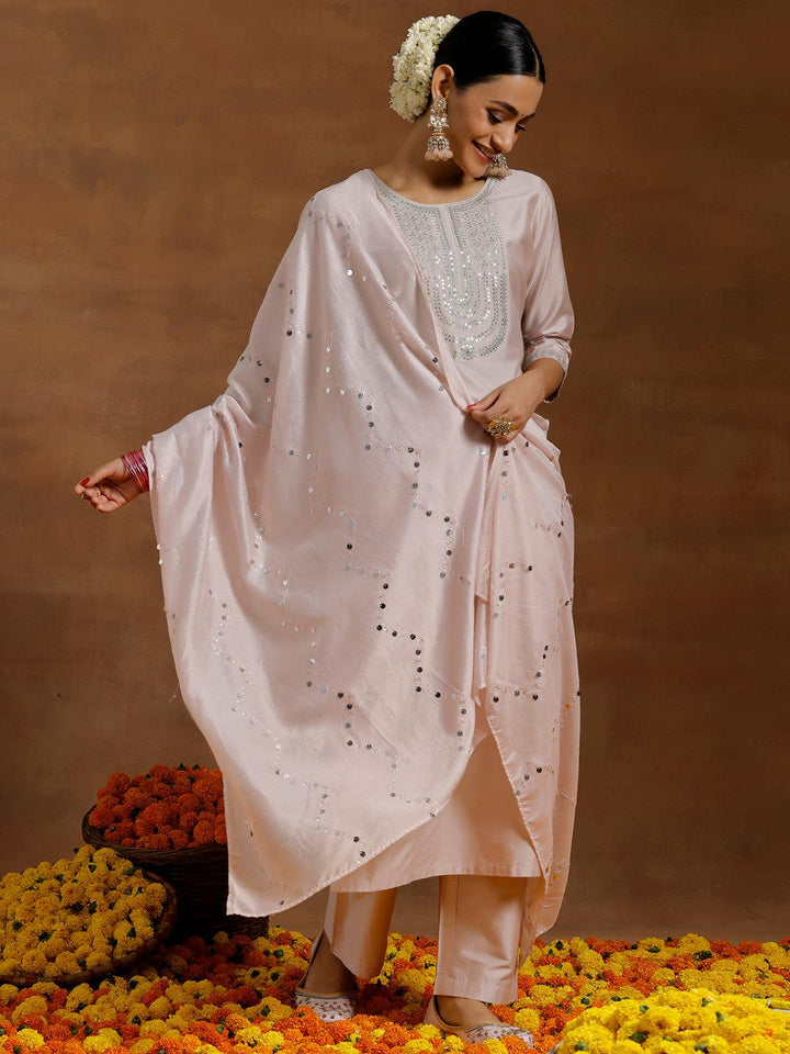 Light Pink Yoke Design Silk Blend Straight Suit With Dupatta - Libas