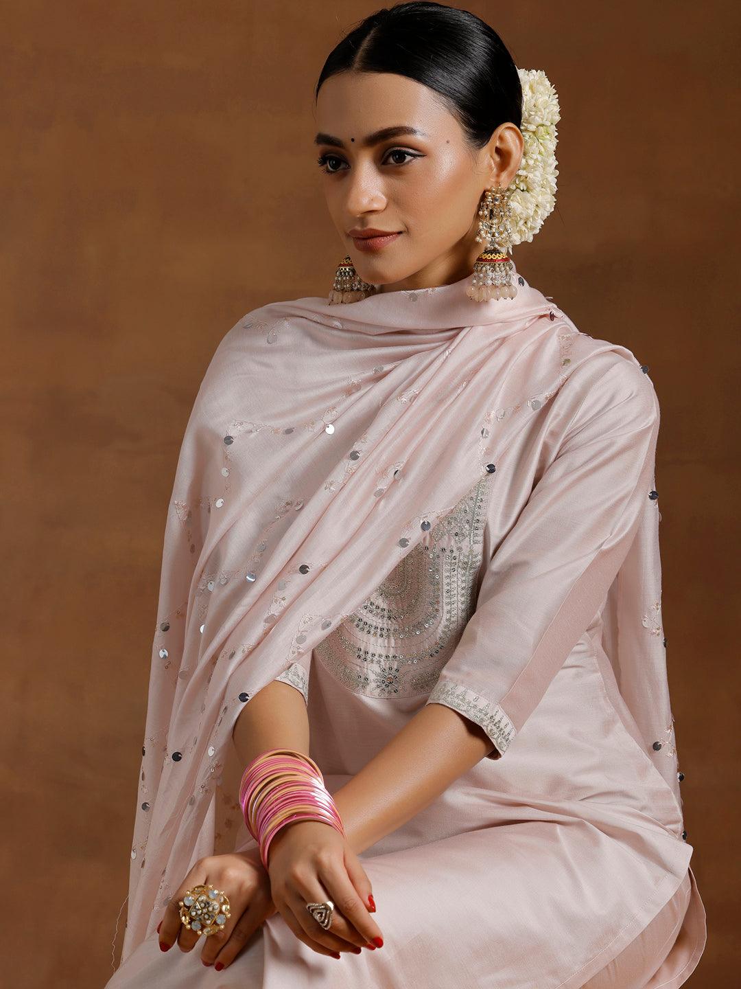 Light Pink Yoke Design Silk Blend Straight Suit With Dupatta