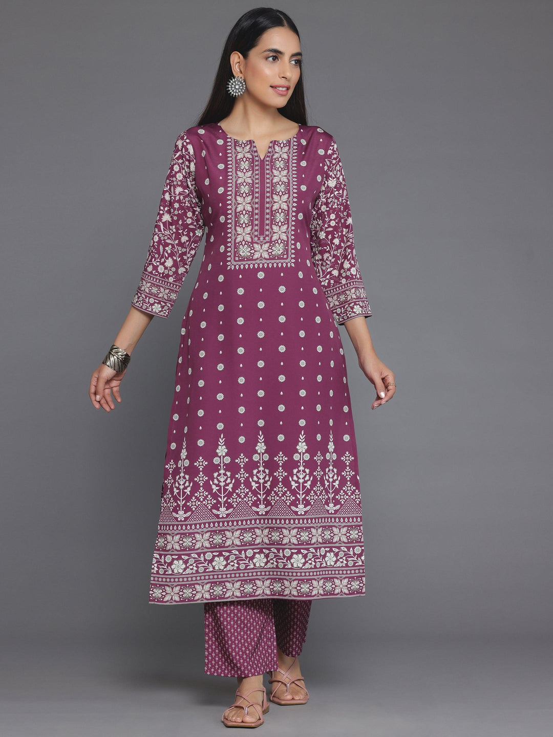 Maroon Printed Poly Crepe Straight Kurta Set - Libas 