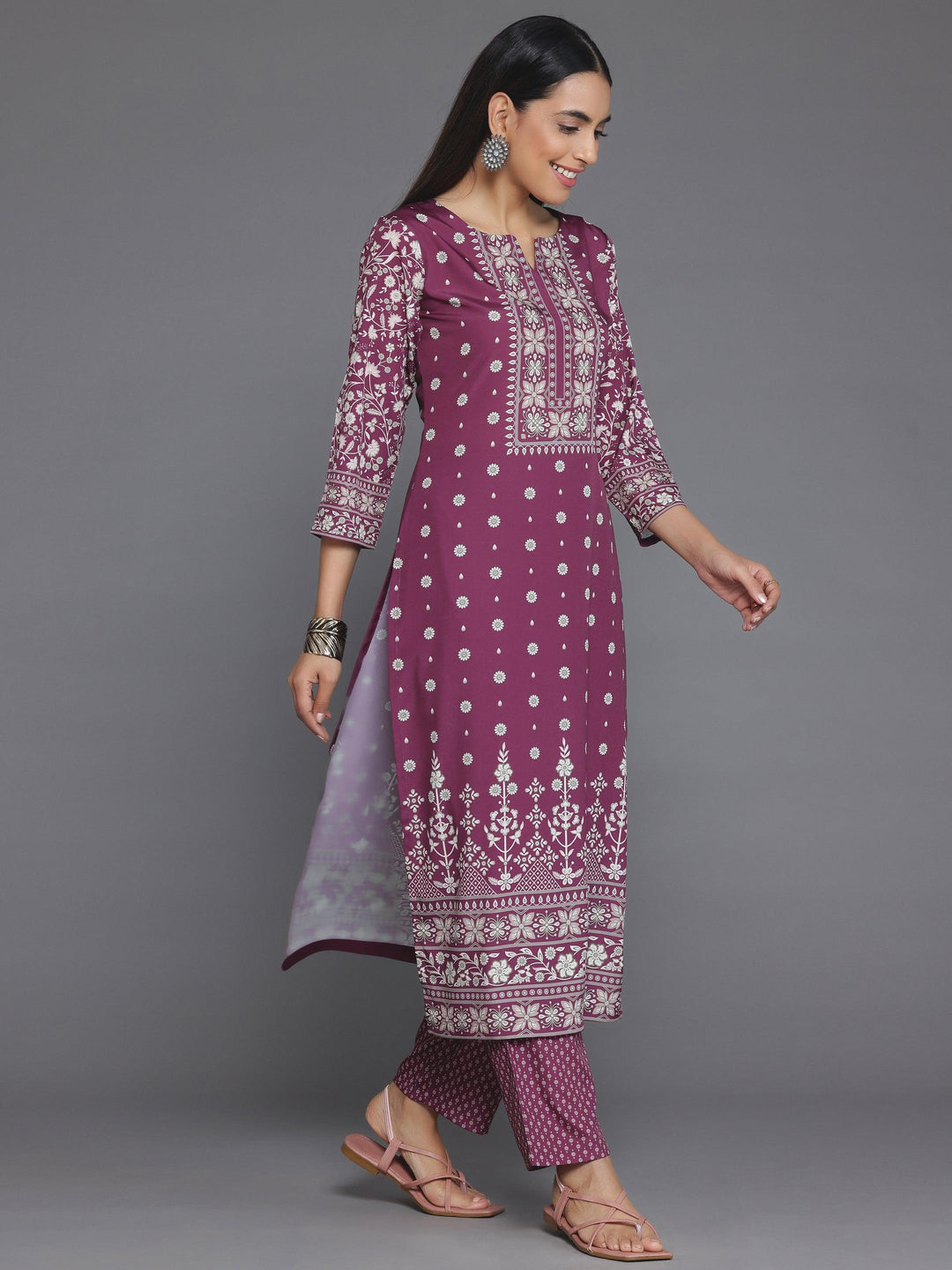 Maroon Printed Poly Crepe Straight Kurta Set - Libas 