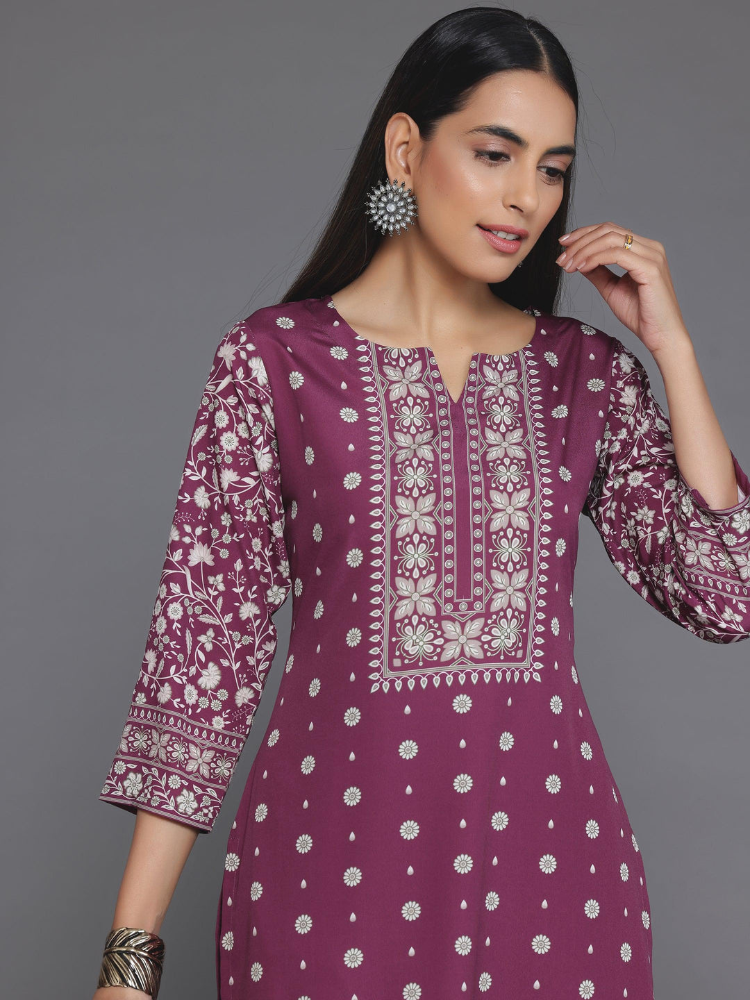 Maroon Printed Poly Crepe Straight Kurta Set - Libas 