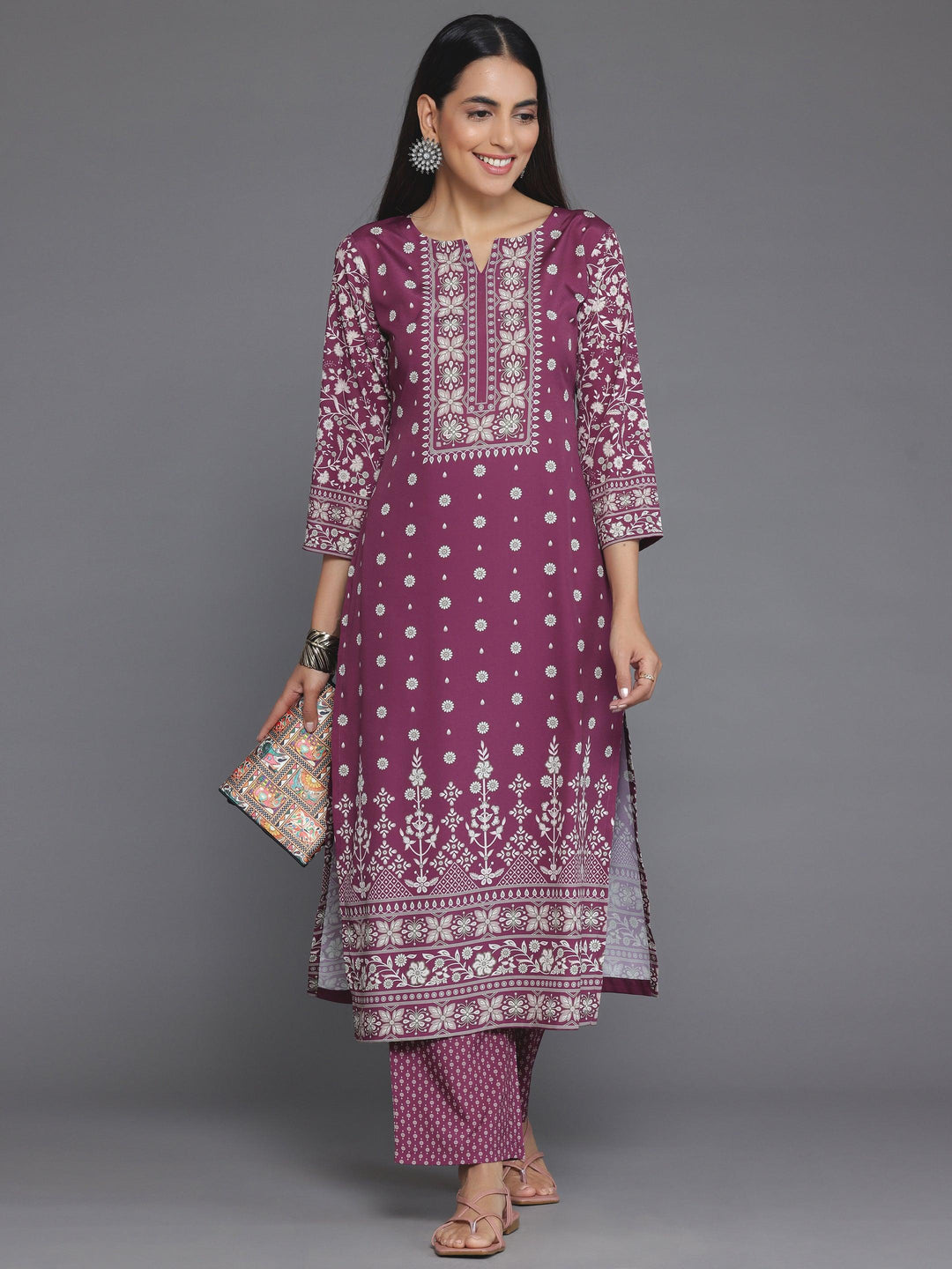 Maroon Printed Poly Crepe Straight Kurta Set - Libas 