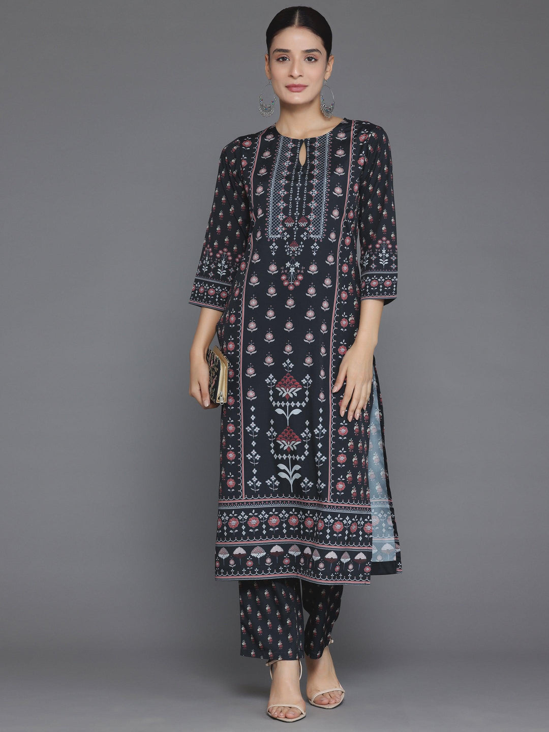 Black Printed Poly Crepe Straight Kurta Set - Libas