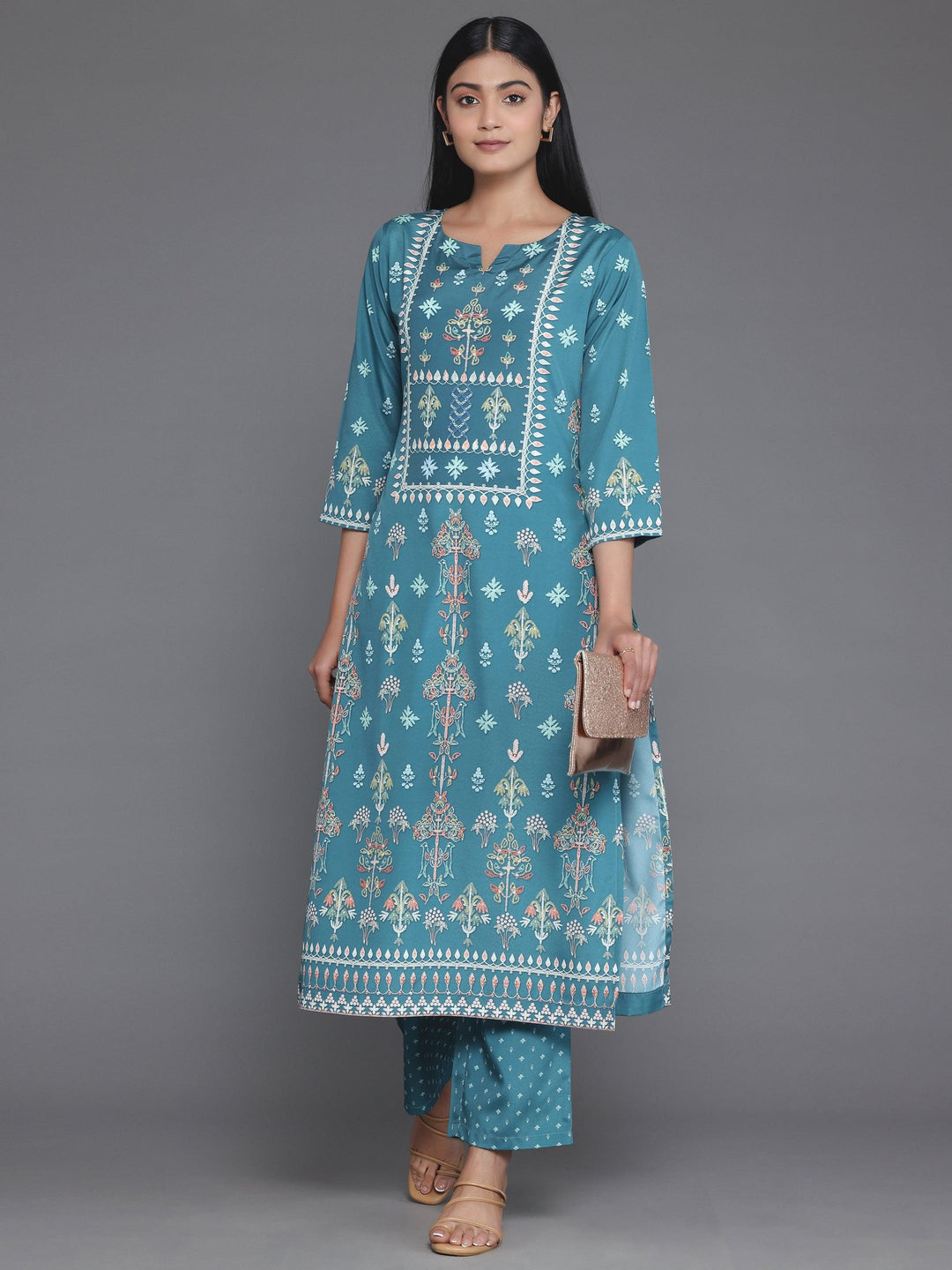 Green Printed Poly Crepe Straight Kurta Set - Libas