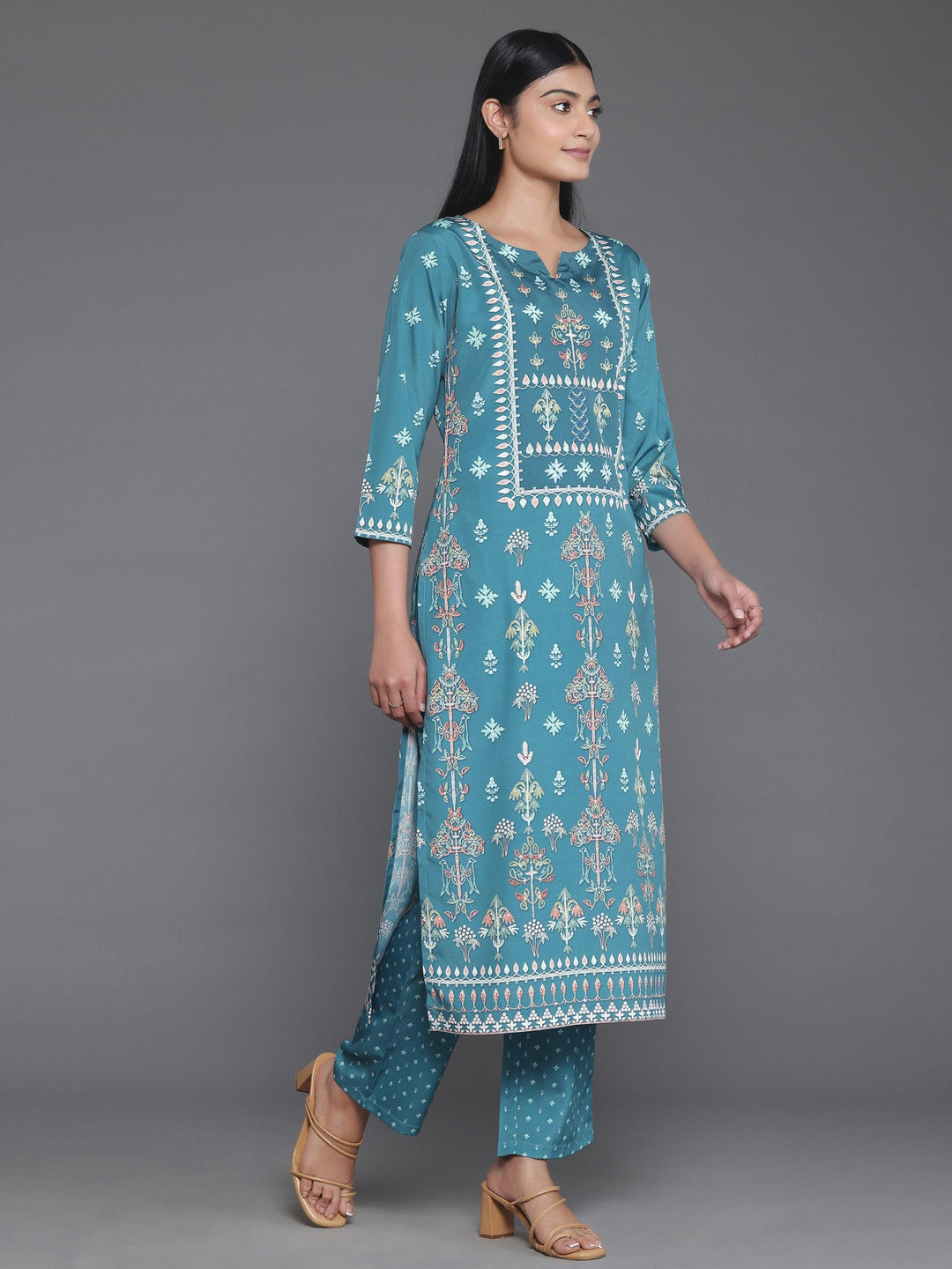 Green Printed Poly Crepe Straight Kurta Set - Libas 