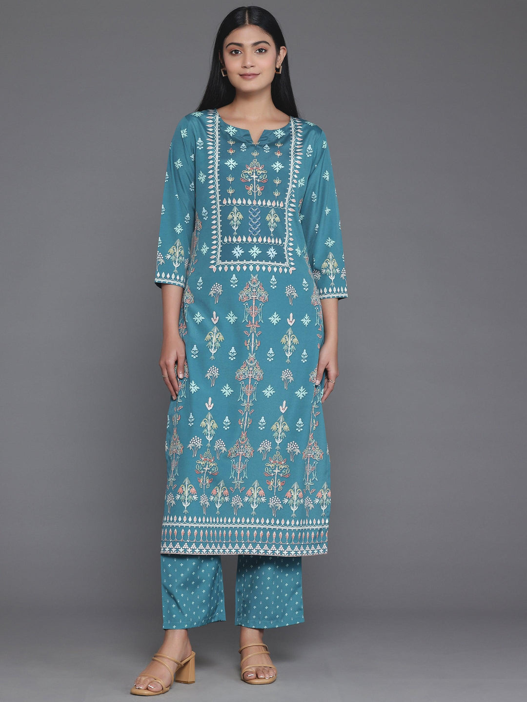 Green Printed Poly Crepe Straight Kurta Set - Libas