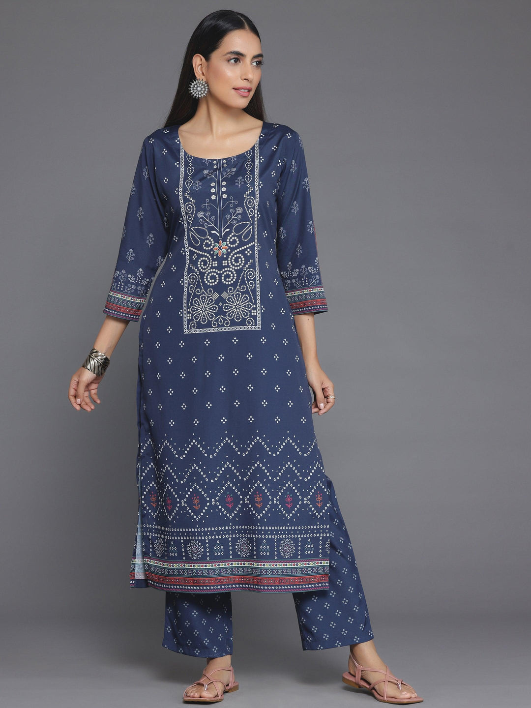 Blue Printed Poly Crepe Straight Kurta Set - Libas 