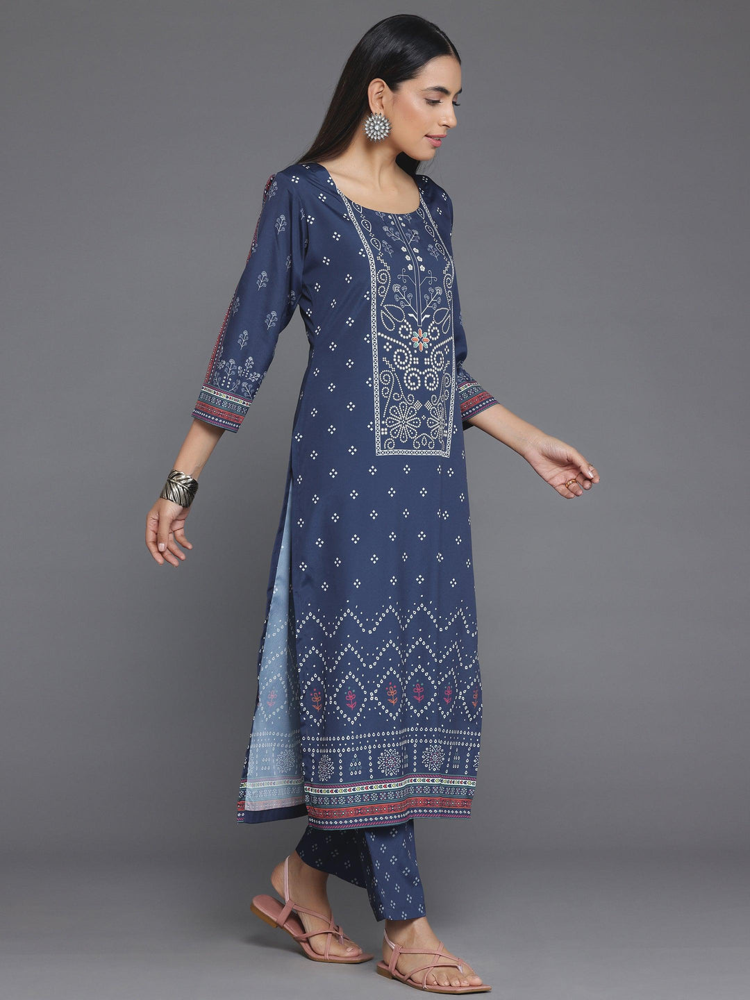 Blue Printed Poly Crepe Straight Kurta Set - Libas 