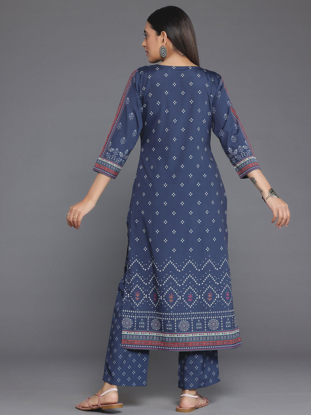 Blue Printed Poly Crepe Straight Kurta Set - Libas 