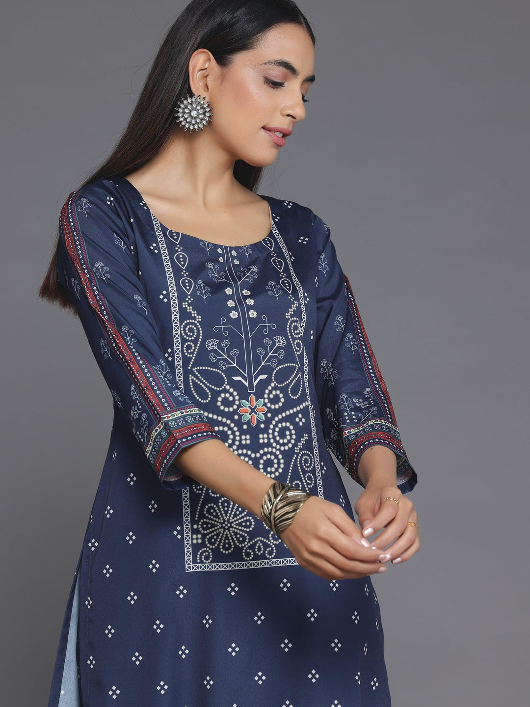 Blue Printed Poly Crepe Straight Kurta Set - Libas 