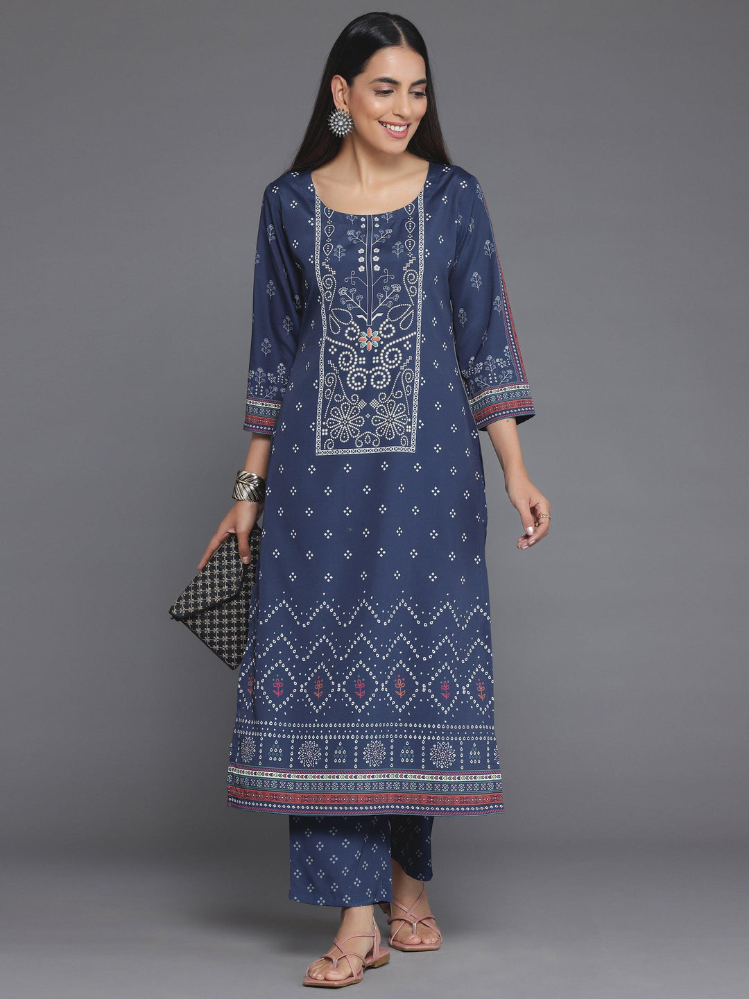 Blue Printed Poly Crepe Straight Kurta Set - Libas 