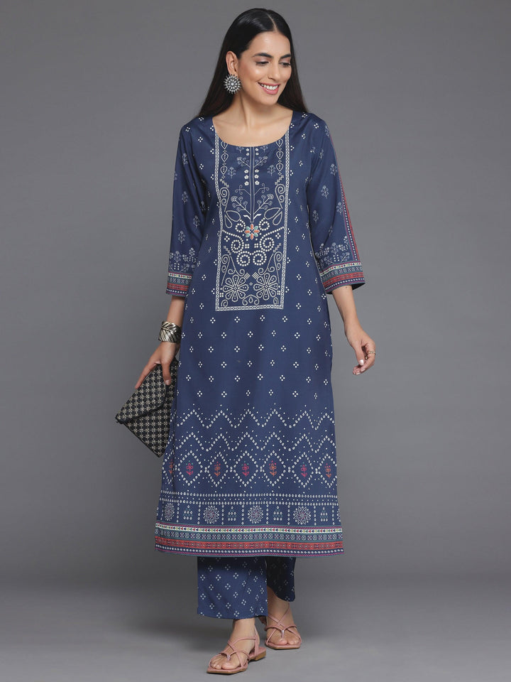 Blue Printed Poly Crepe Straight Kurta Set - Libas