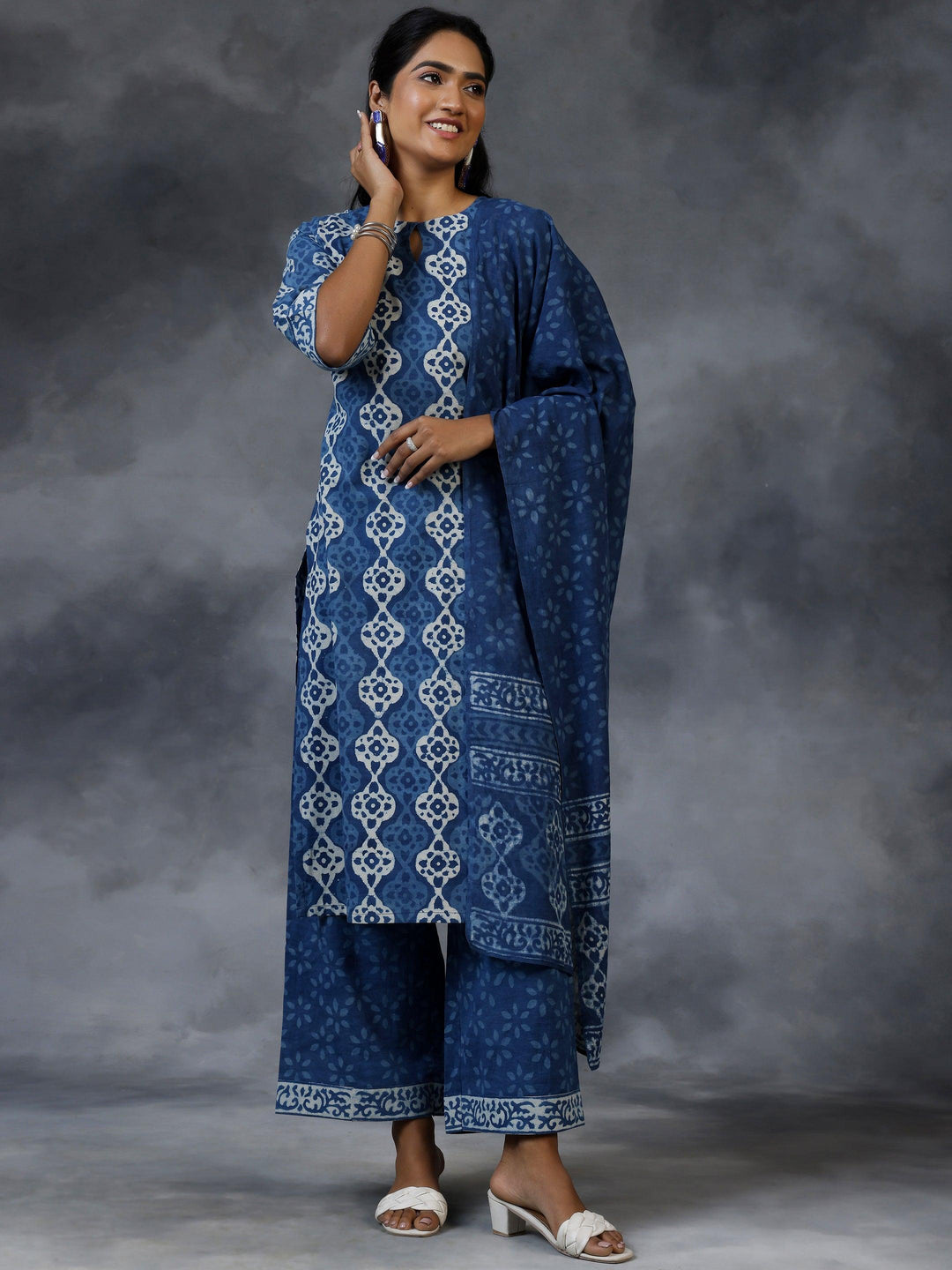 Blue Printed Cotton Straight Suit With Dupatta - Libas