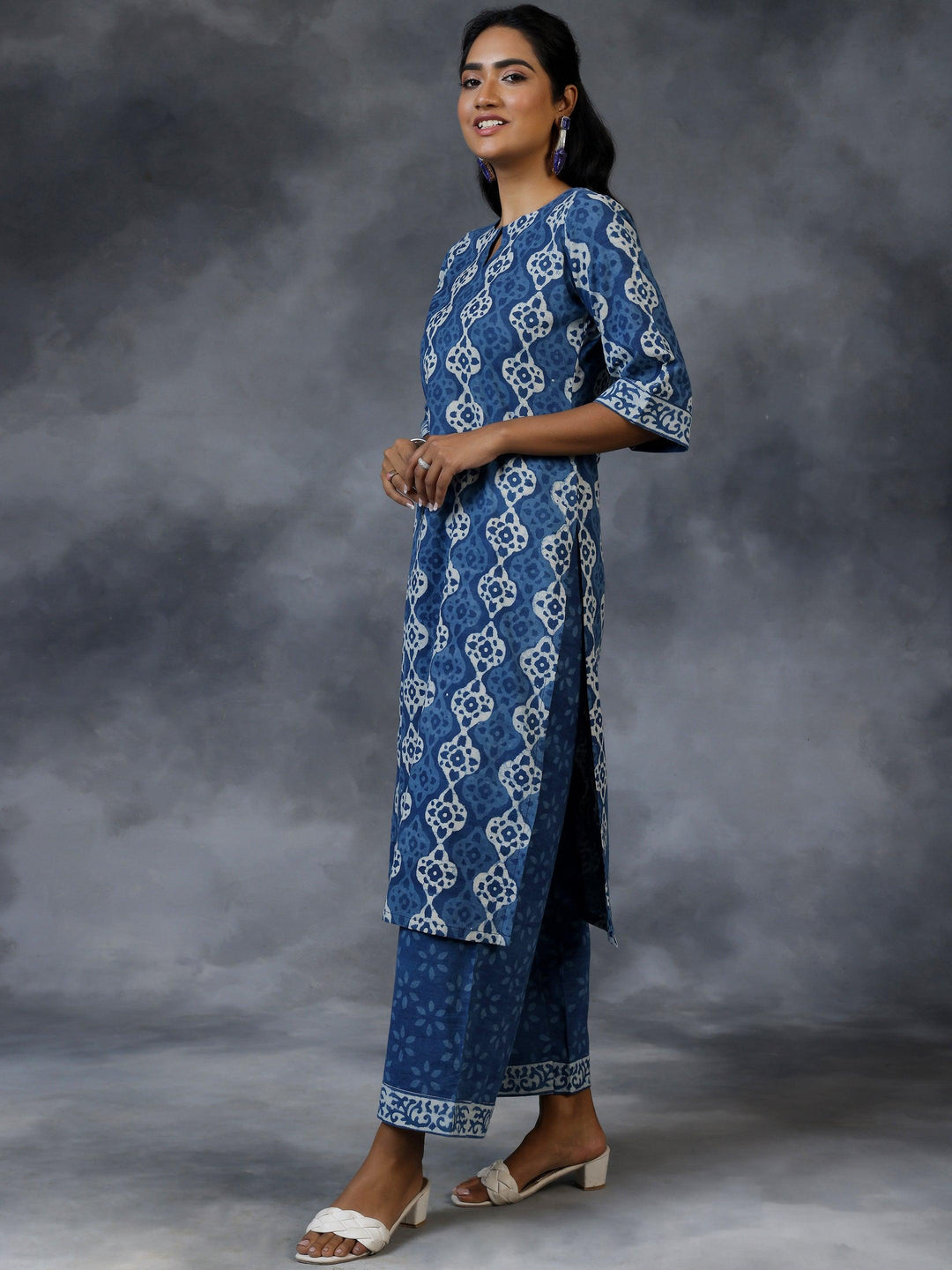 Blue Printed Cotton Straight Suit With Dupatta - Libas