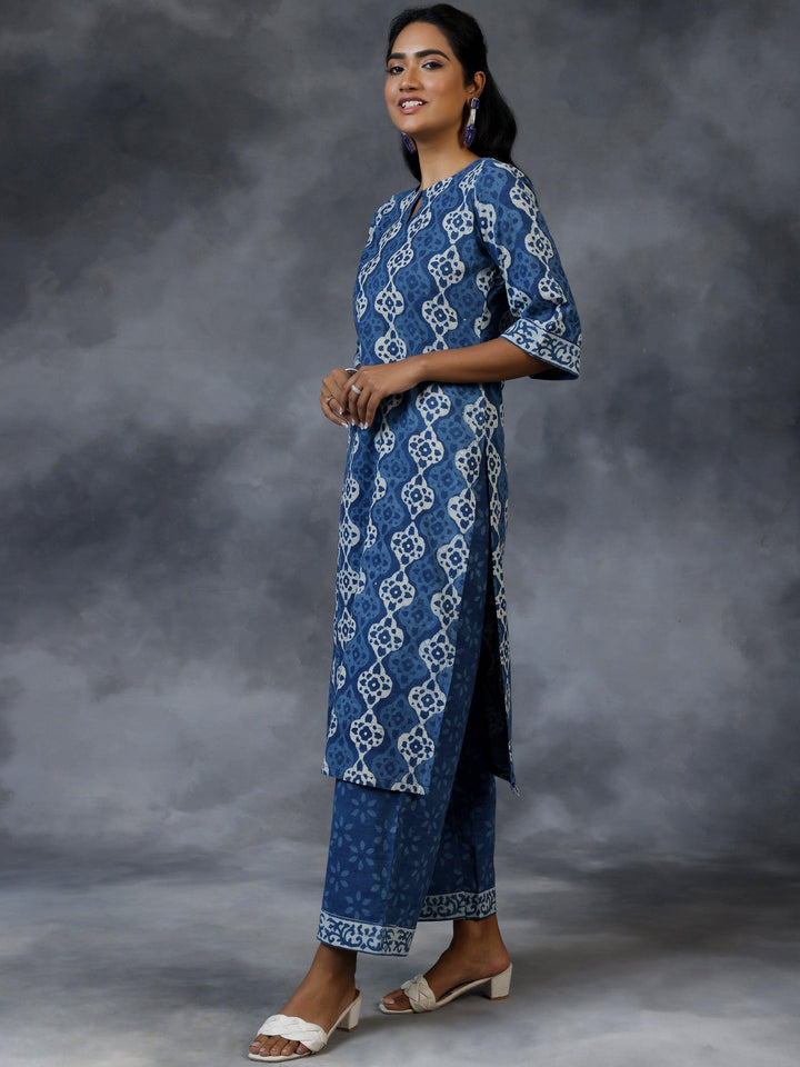 Blue Printed Cotton Straight Suit With Dupatta - Libas