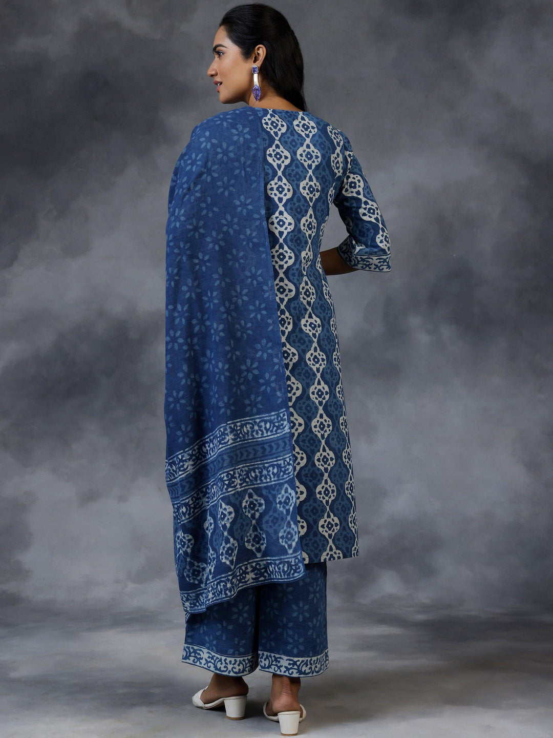 Blue Printed Cotton Straight Suit With Dupatta - Libas