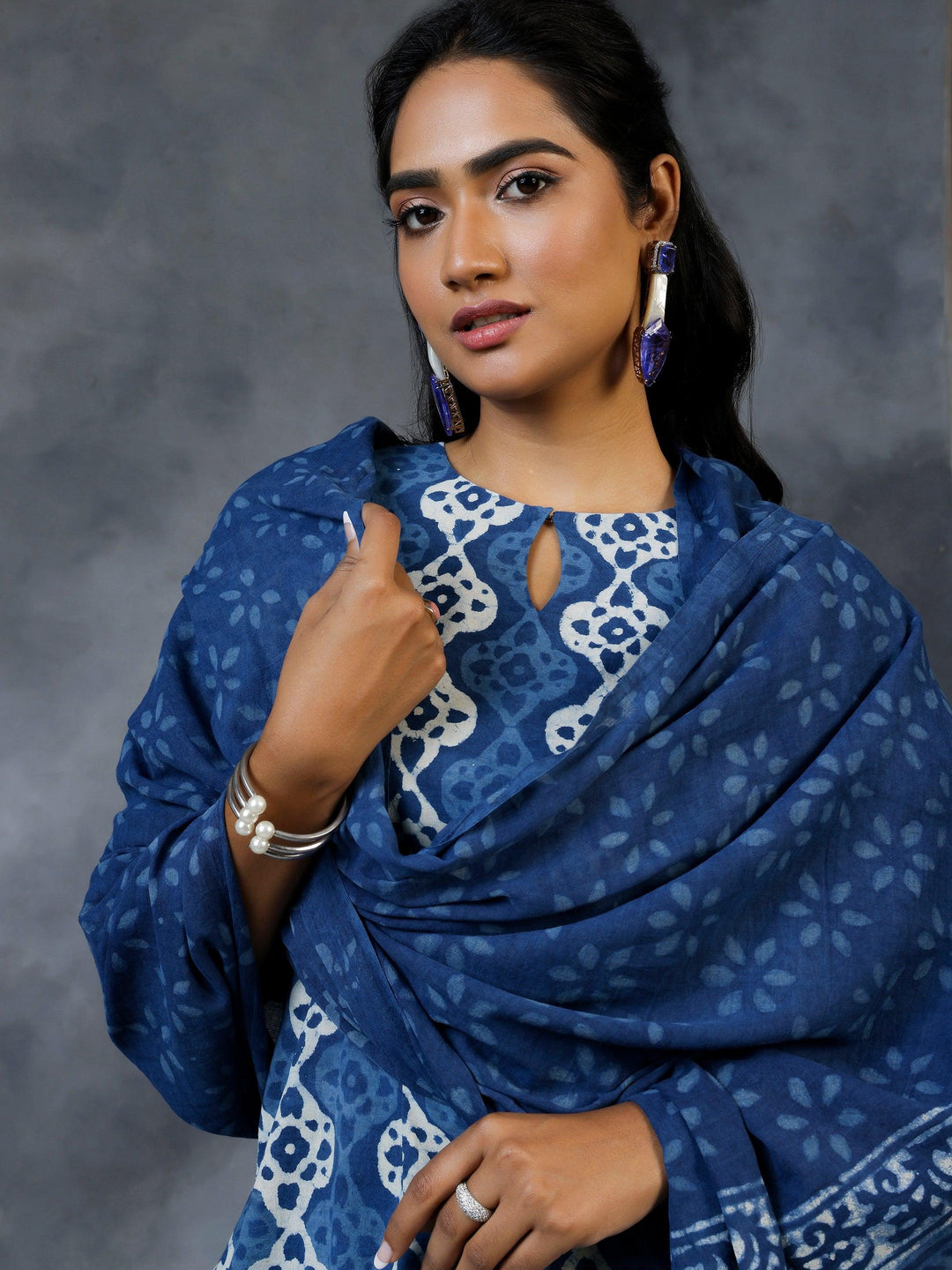 Blue Printed Cotton Straight Suit With Dupatta - Libas