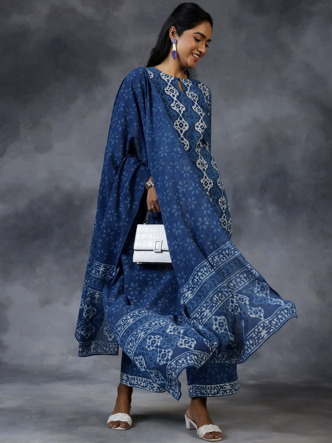 Blue Printed Cotton Straight Suit With Dupatta - Libas 