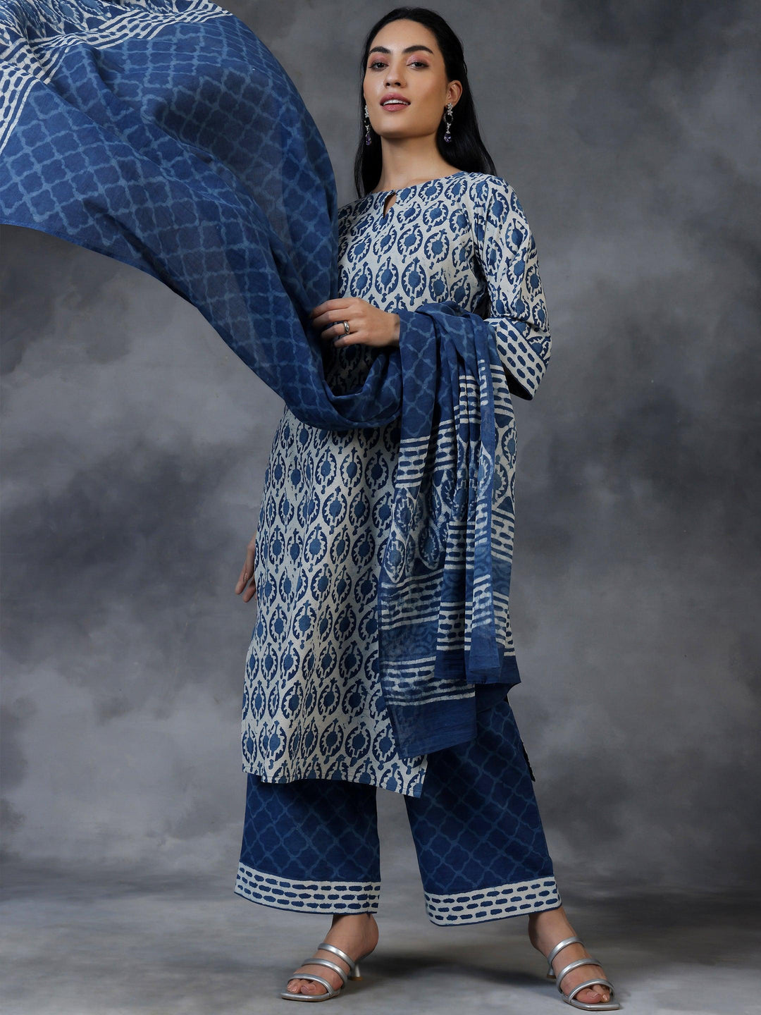 Blue Printed Cotton Straight Suit With Dupatta - Libas 