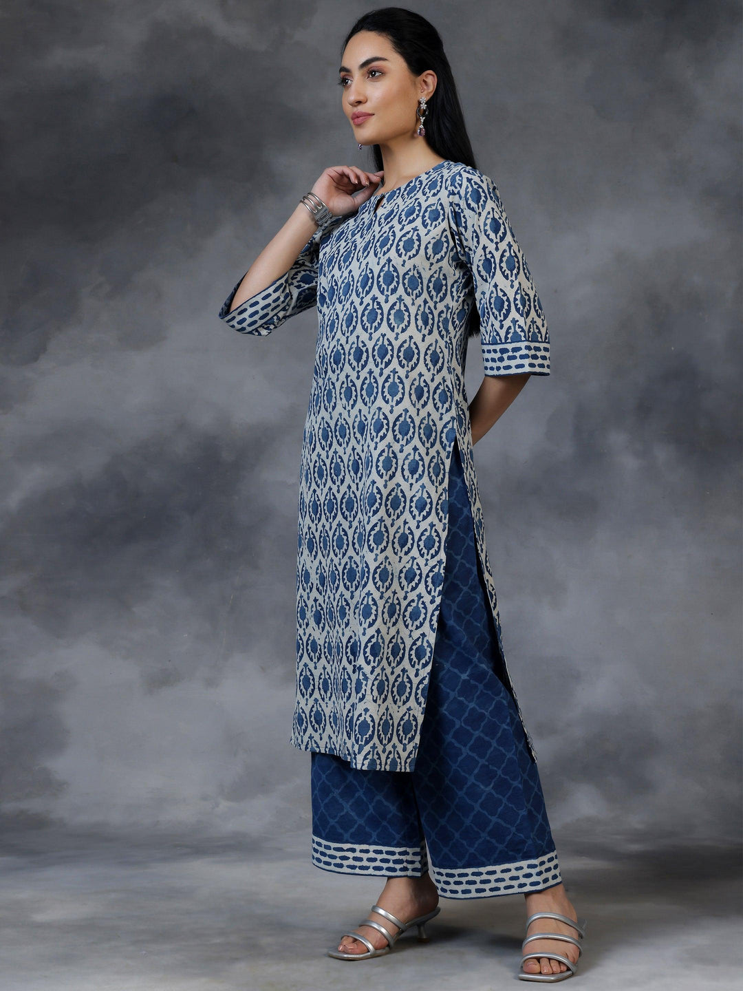 Blue Printed Cotton Straight Suit With Dupatta - Libas 