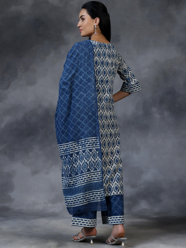 Blue Printed Cotton Straight Suit With Dupatta - Libas