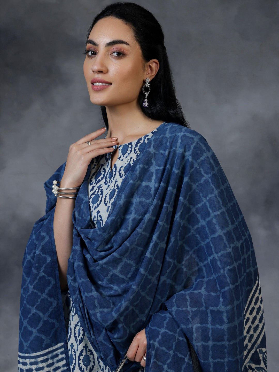 Blue Printed Cotton Straight Suit With Dupatta - Libas 